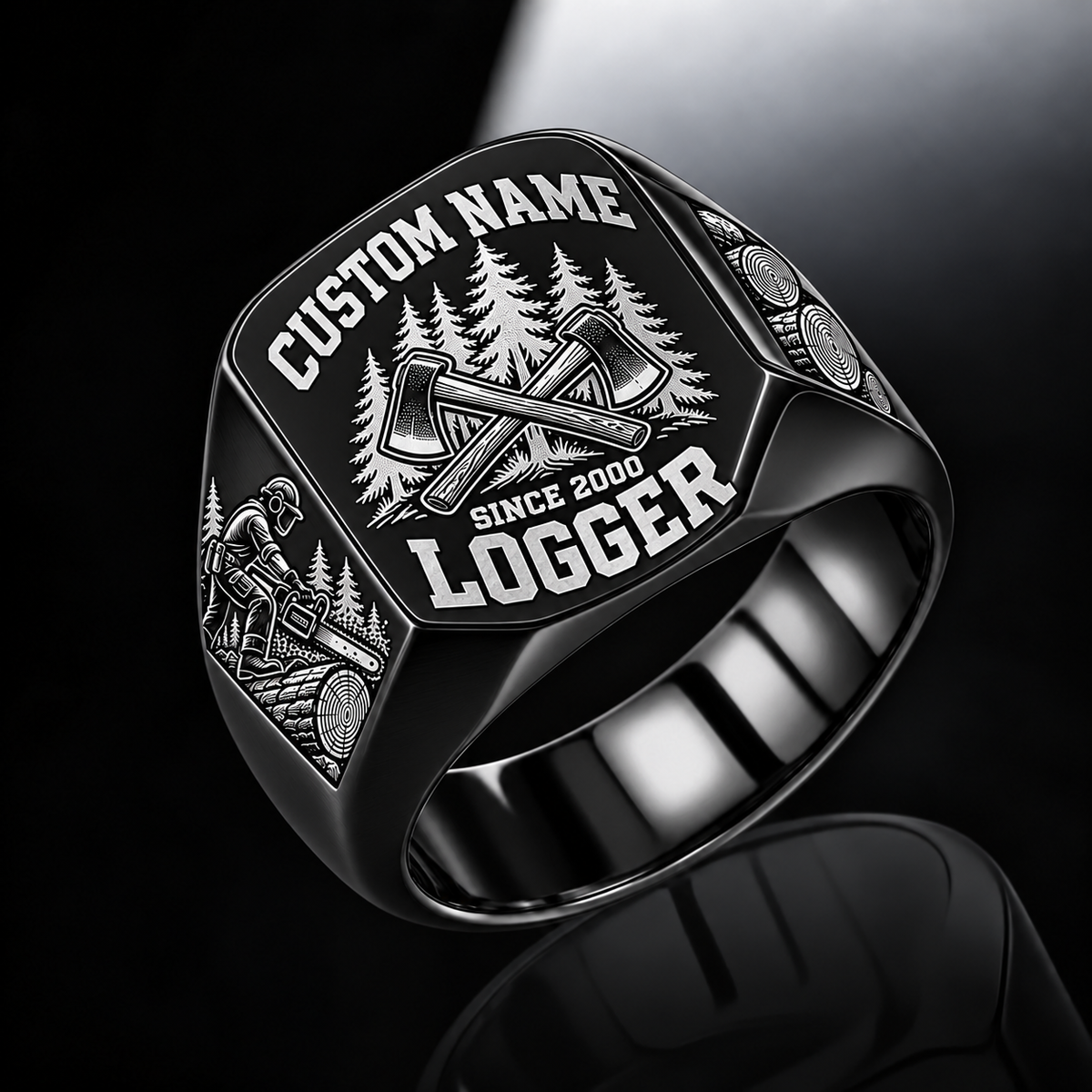 Logger Bold Lettering ring in Black, showing CUSTOM NAME and SINCE 2000