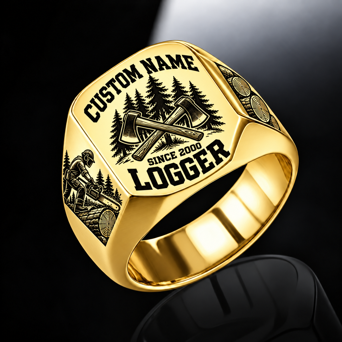 Logger Bold Lettering ring in Gold, showing CUSTOM NAME and SINCE 2000
