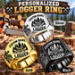 Logger Bold Lettering personalized ring in Silver, Gold and Black with CUSTOM NAME and SINCE 2000 on a logger-themed background