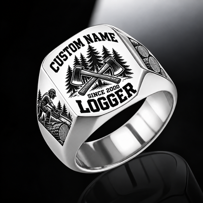 Logger Bold Lettering ring in Silver, showing CUSTOM NAME and SINCE 2000
