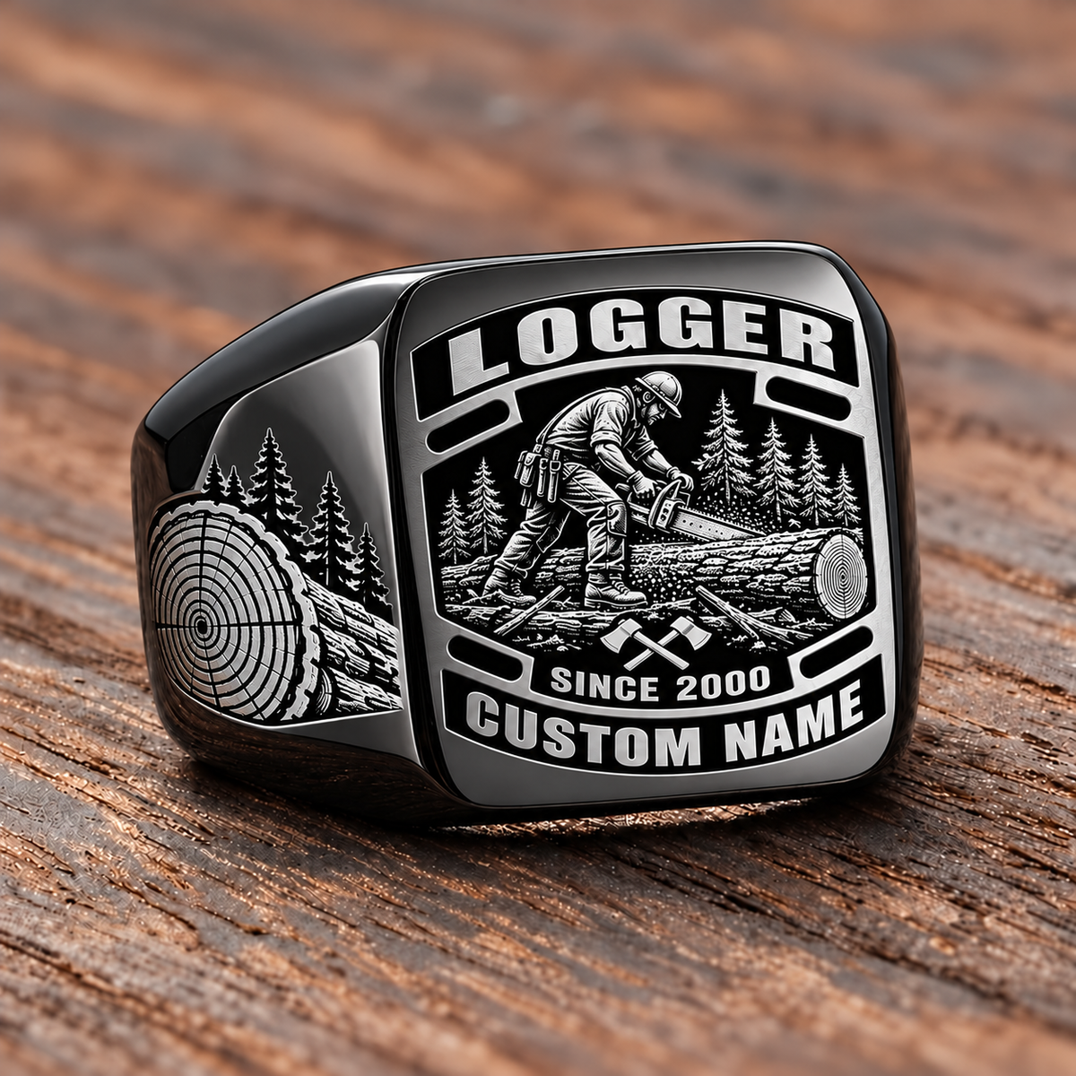 Logger Black Face Badge ring in Black, showing CUSTOM NAME and SINCE 2000