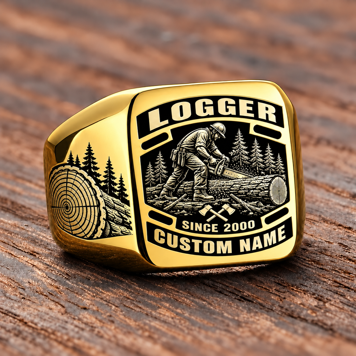 Logger Black Face Badge ring in Gold, showing CUSTOM NAME and SINCE 2000