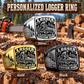 Logger Black Face Badge personalized ring in Silver, Gold and Black with CUSTOM NAME and SINCE 2000 on a logger-themed background