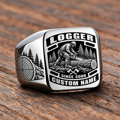 Logger Black Face Badge ring in Silver, showing CUSTOM NAME and SINCE 2000