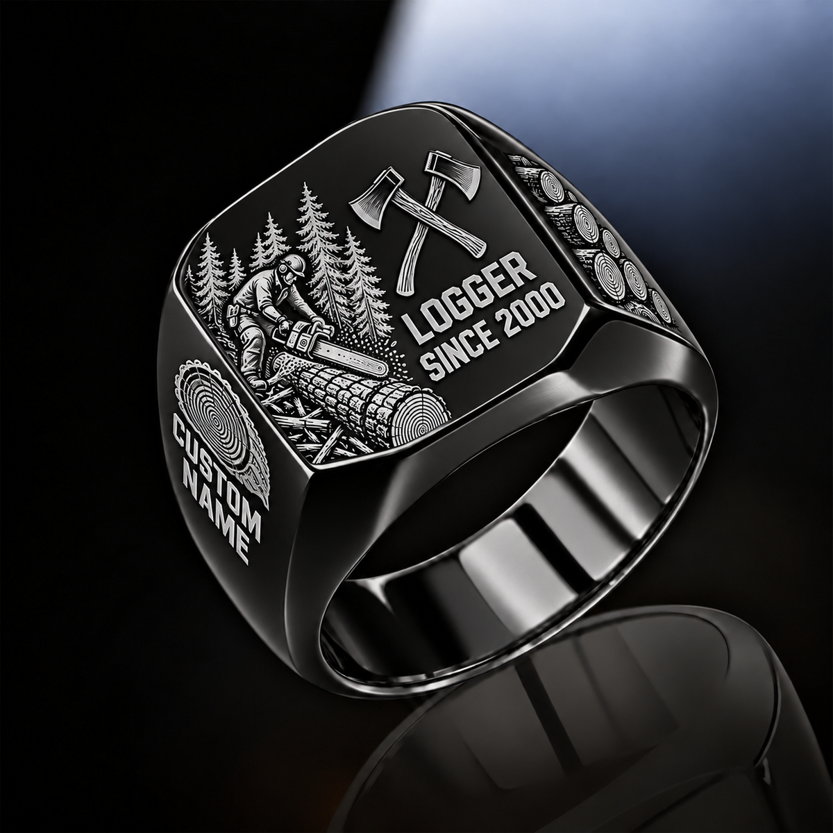 Logger Split Emblem ring in Black, showing CUSTOM NAME and SINCE 2000