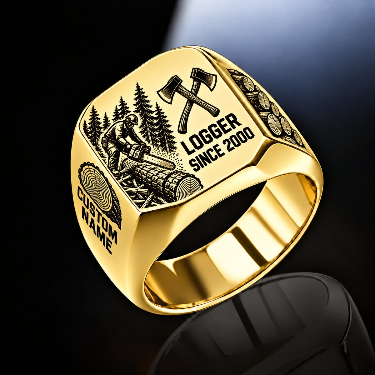 Logger Split Emblem ring in Gold, showing CUSTOM NAME and SINCE 2000