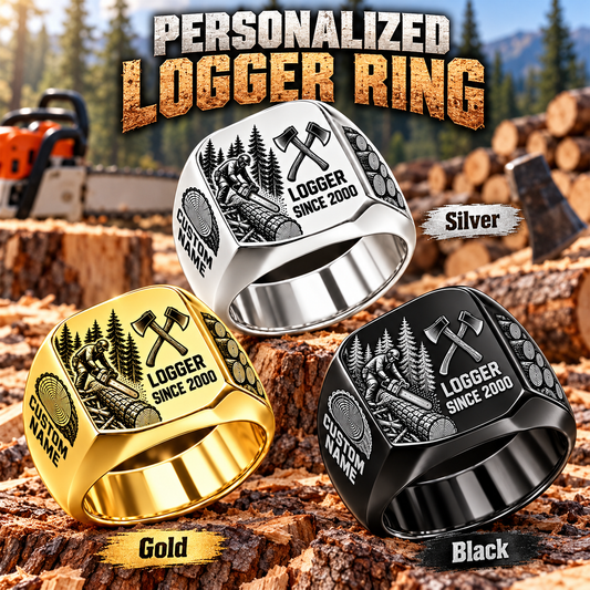 Logger Split Emblem personalized ring in Silver, Gold and Black with CUSTOM NAME and SINCE 2000 on a logger-themed background