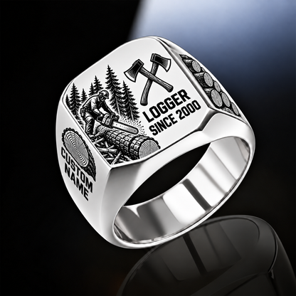 Logger Split Emblem ring in Silver, showing CUSTOM NAME and SINCE 2000