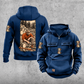 Logger Daily Commitment Portrait Vintage Hoodie in Dark Blue, front and back views with CUSTOM NAME and SINCE 2000 sample tabs, small logging-tool sleeve motifs and a tall kneeling logger and cut-timber back illustration.