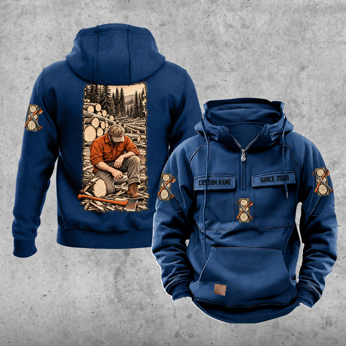 Logger Daily Commitment Portrait Vintage Hoodie in Dark Blue, front and back views with CUSTOM NAME and SINCE 2000 sample tabs, small logging-tool sleeve motifs and a tall kneeling logger and cut-timber back illustration.