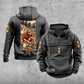 Logger Daily Commitment Portrait Vintage Hoodie in Dark Gray, front and back views with CUSTOM NAME and SINCE 2000 sample tabs, small logging-tool sleeve motifs and a tall kneeling logger and cut-timber back illustration.