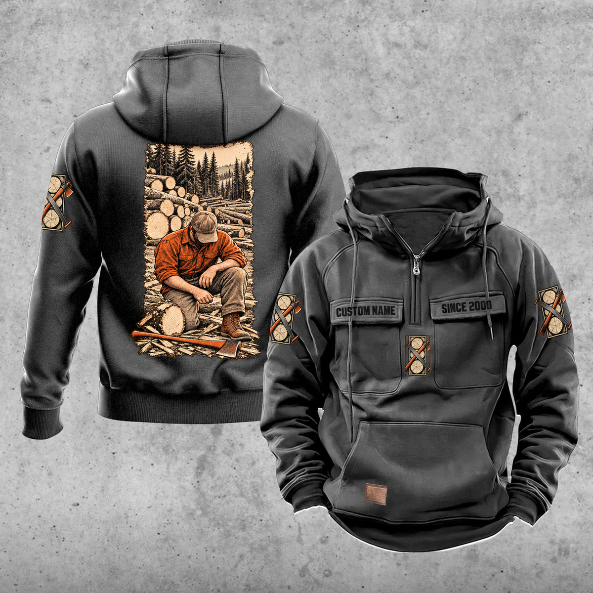 Logger Daily Commitment Portrait Vintage Hoodie in Dark Gray, front and back views with CUSTOM NAME and SINCE 2000 sample tabs, small logging-tool sleeve motifs and a tall kneeling logger and cut-timber back illustration.