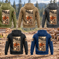 Five complete back views of the Logger Daily Commitment Portrait Vintage Hoodie in Military Green, Kaki, Dark Gray, Black and Dark Blue, arranged in two rows at a quiet forest landing with stacked cut timber.