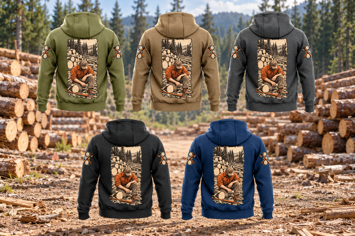 Five complete back views of the Logger Daily Commitment Portrait Vintage Hoodie in Military Green, Kaki, Dark Gray, Black and Dark Blue, arranged in two rows at a quiet forest landing with stacked cut timber.