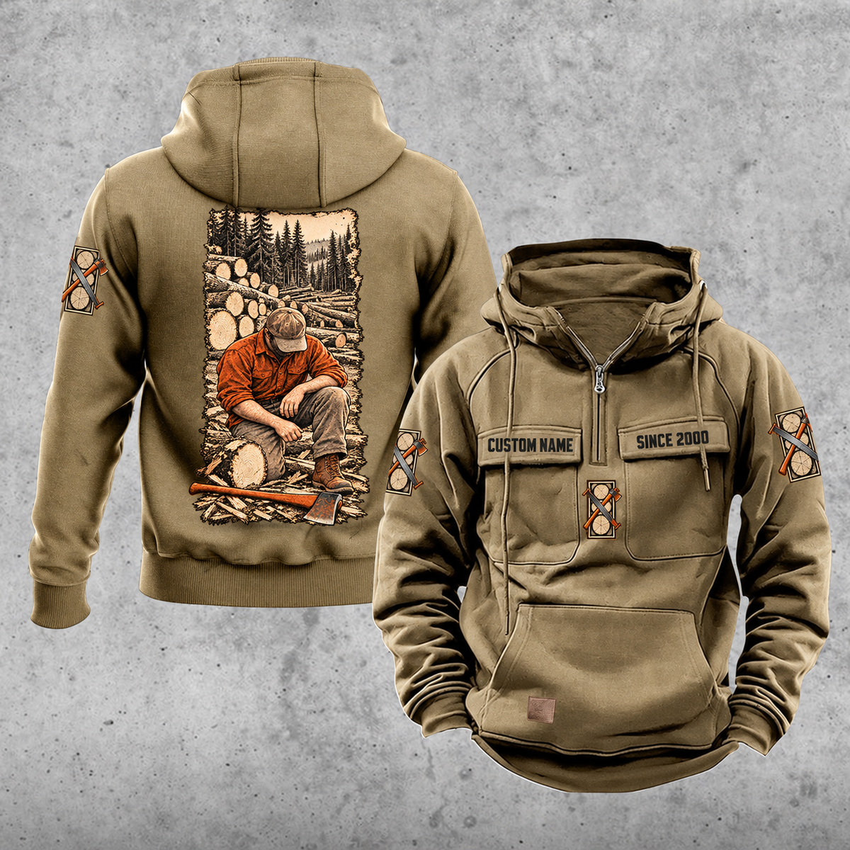 Logger Daily Commitment Portrait Vintage Hoodie in Kaki, front and back views with CUSTOM NAME and SINCE 2000 sample tabs, small logging-tool sleeve motifs and a tall kneeling logger and cut-timber back illustration.