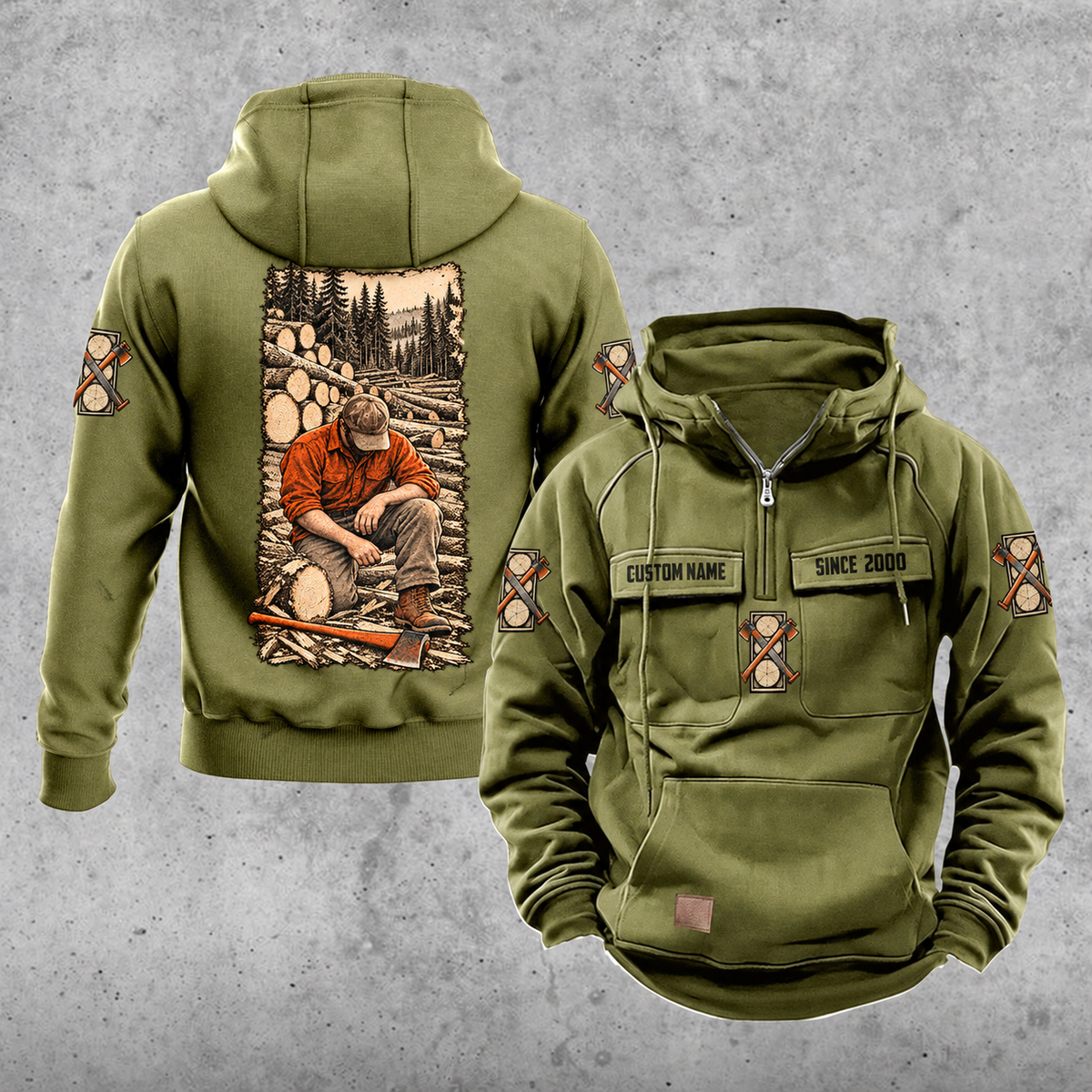Logger Daily Commitment Portrait Vintage Hoodie in Military Green, front and back views with CUSTOM NAME and SINCE 2000 sample tabs, small logging-tool sleeve motifs and a tall kneeling logger and cut-timber back illustration.