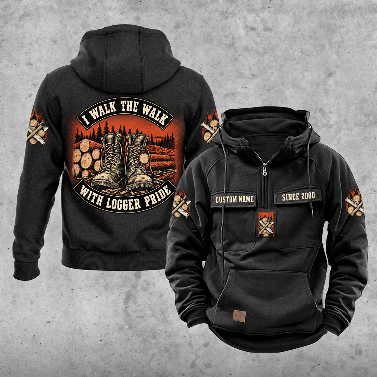 Logger Walk the Walk Badge Vintage Hoodie in Black, front and back views with CUSTOM NAME and SINCE 2000 chest samples, curved I WALK THE WALK and WITH LOGGER PRIDE banners around work boots and cut timber artwork.