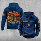 Logger Walk the Walk Badge Vintage Hoodie in Dark Blue, front and back views with CUSTOM NAME and SINCE 2000 chest samples, curved I WALK THE WALK and WITH LOGGER PRIDE banners around work boots and cut timber artwork.