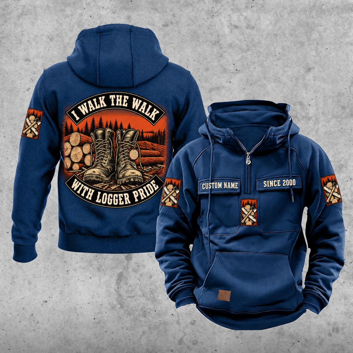 Logger Walk the Walk Badge Vintage Hoodie in Dark Blue, front and back views with CUSTOM NAME and SINCE 2000 chest samples, curved I WALK THE WALK and WITH LOGGER PRIDE banners around work boots and cut timber artwork.