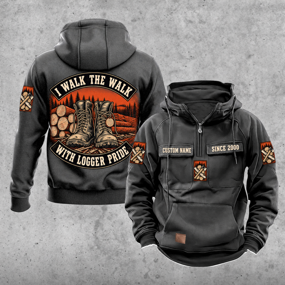Logger Walk the Walk Badge Vintage Hoodie in Dark Gray, front and back views with CUSTOM NAME and SINCE 2000 chest samples, curved I WALK THE WALK and WITH LOGGER PRIDE banners around work boots and cut timber artwork.