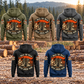 Logger Walk the Walk Badge Vintage Hoodie five-color composite with complete back views in Military Green, Kaki, Dark Gray, Black and Dark Blue at a forest landing with stacked cut timber.