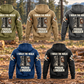Logger Proud Walk Vintage Hoodie in all five colors: Military Green, Kaki and Dark Gray above Dark Blue and Black. Five complete back views with I WALK THE WALK / PROUD / LOGGER boots artwork at a forest landing with stacked cut timber.