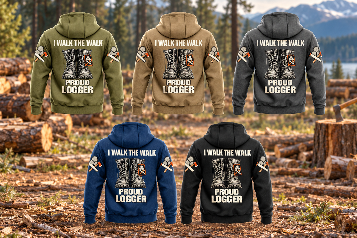 Logger Proud Walk Vintage Hoodie in all five colors: Military Green, Kaki and Dark Gray above Dark Blue and Black. Five complete back views with I WALK THE WALK / PROUD / LOGGER boots artwork at a forest landing with stacked cut timber.