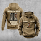 Logger Proud Walk Vintage Hoodie in Kaki, front and back views with sample chest text CUSTOM NAME and SINCE 2000, lace-up boots and I WALK THE WALK / PROUD / LOGGER back artwork, log/saw/axe sleeve motifs, and plain lower front pouch.