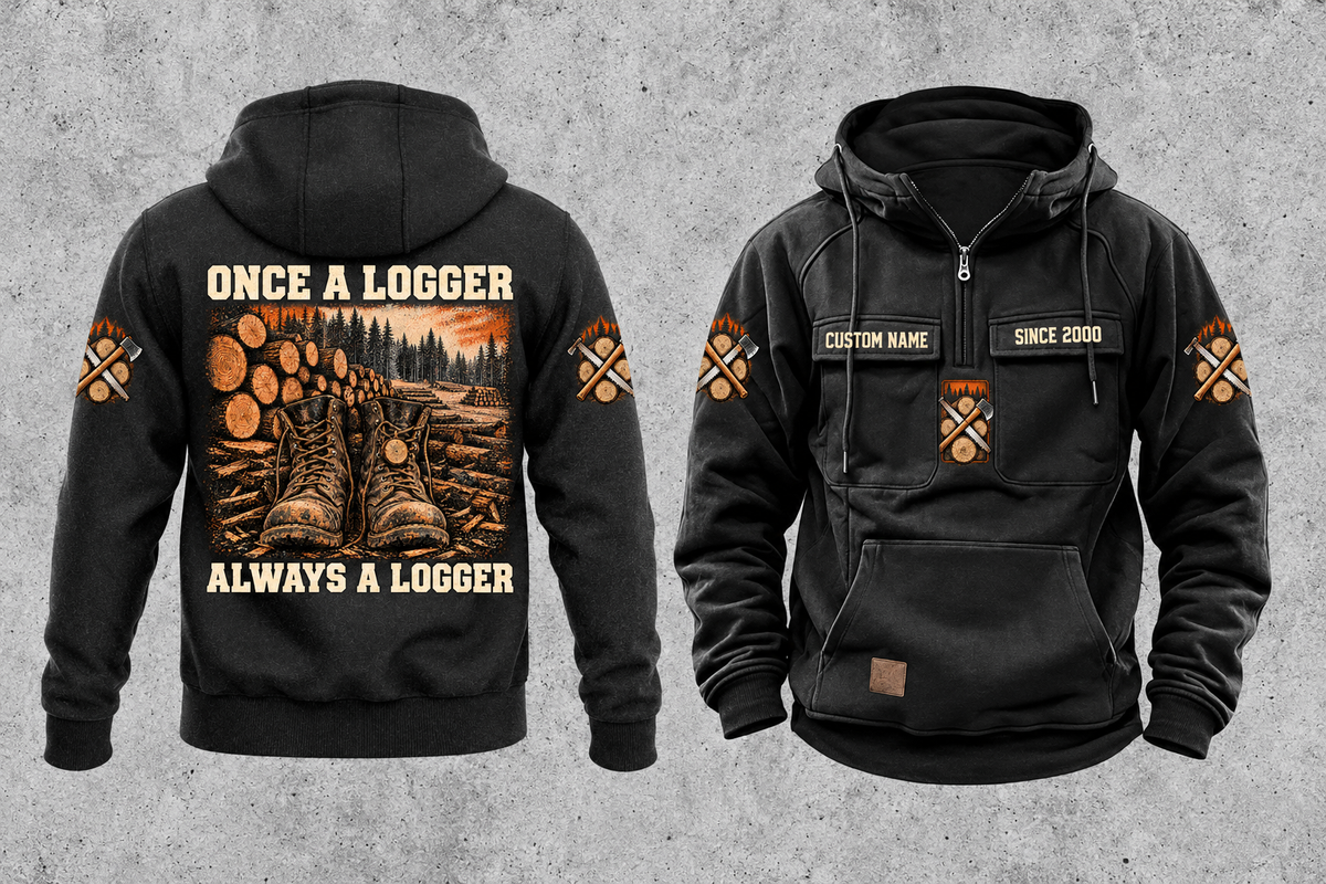 Logger Once and Always Vintage Hoodie in Black, complete separated front and back views with CUSTOM NAME and SINCE 2000 chest samples, boots and cut-timber back artwork, and plain lower pouch with small brown label.