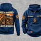 Logger Once and Always Vintage Hoodie in Dark Blue, complete separated front and back views with CUSTOM NAME and SINCE 2000 chest samples, boots and cut-timber back artwork, and plain lower pouch with small brown label.
