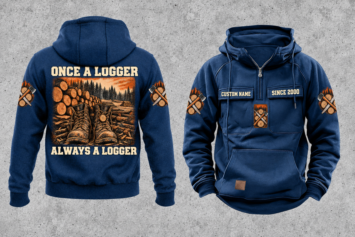 Logger Once and Always Vintage Hoodie in Dark Blue, complete separated front and back views with CUSTOM NAME and SINCE 2000 chest samples, boots and cut-timber back artwork, and plain lower pouch with small brown label.