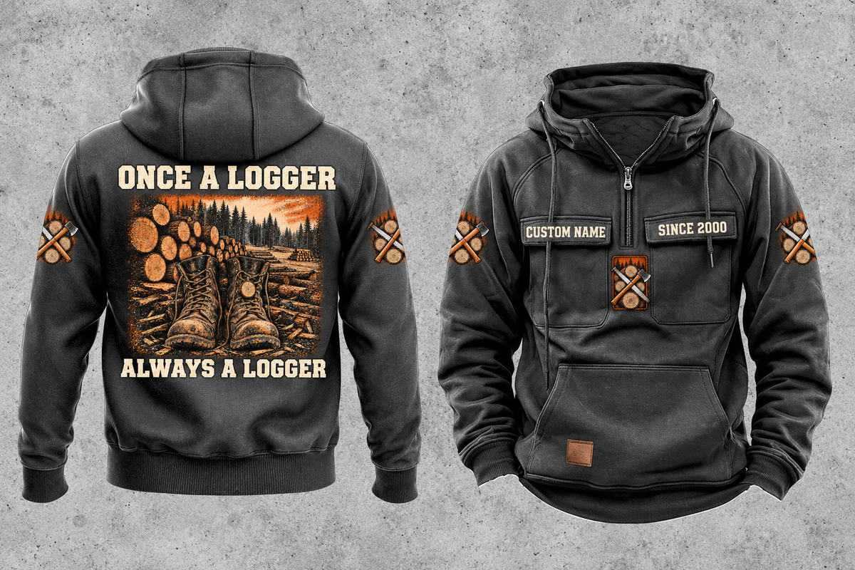Logger Once and Always Vintage Hoodie in Dark Gray, complete separated front and back views with CUSTOM NAME and SINCE 2000 chest samples, boots and cut-timber back artwork, and plain lower pouch with small brown label.