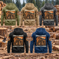 Logger Once and Always Vintage Hoodie in Military Green, Kaki, Dark Gray, Black and Dark Blue, five complete separated back views with ONCE A LOGGER and ALWAYS A LOGGER artwork on a quiet forest landing with stacked cut timber.