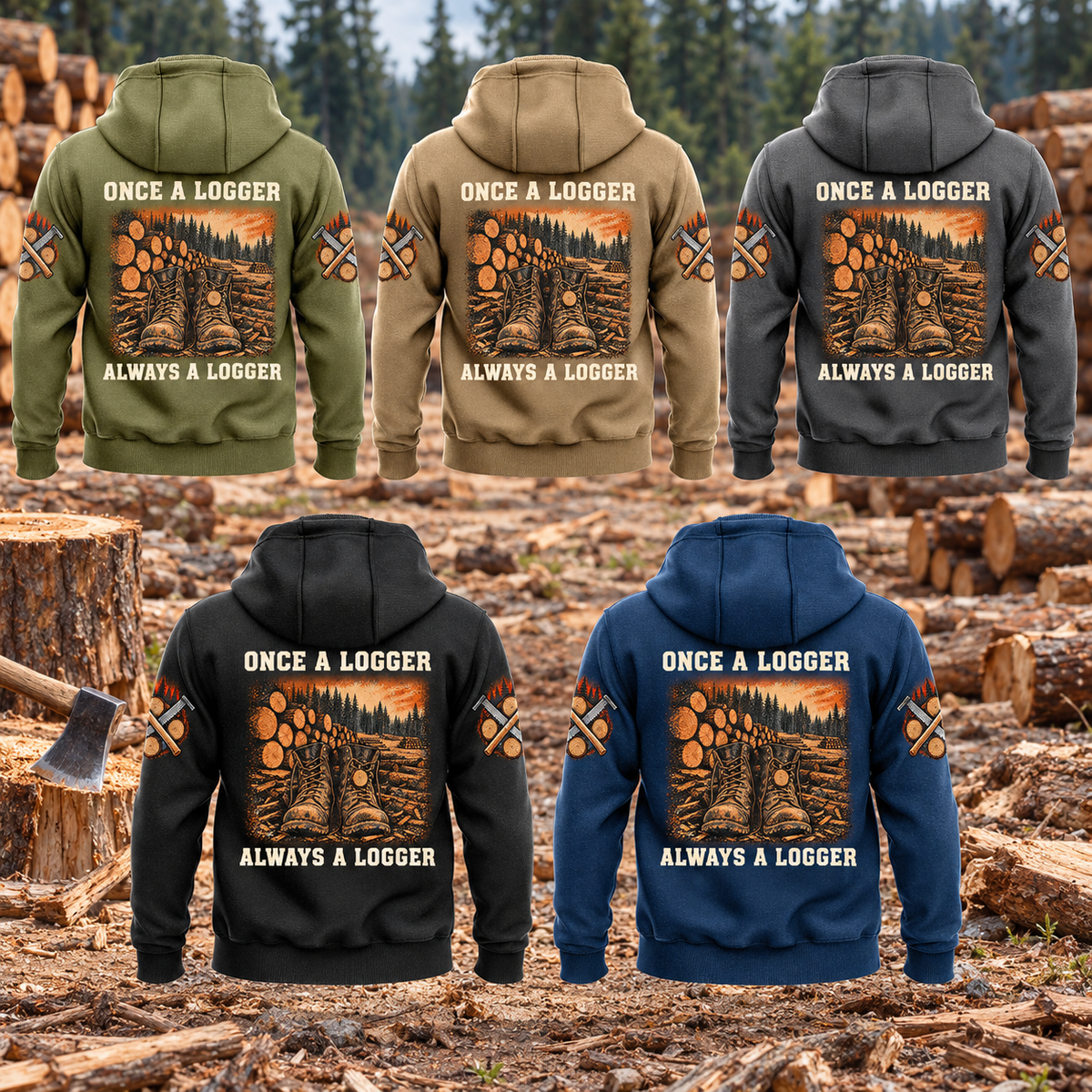 Logger Once and Always Vintage Hoodie in Military Green, Kaki, Dark Gray, Black and Dark Blue, five complete separated back views with ONCE A LOGGER and ALWAYS A LOGGER artwork on a quiet forest landing with stacked cut timber.