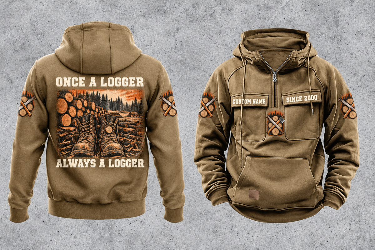 Logger Once and Always Vintage Hoodie in Kaki, complete separated front and back views with CUSTOM NAME and SINCE 2000 chest samples, boots and cut-timber back artwork, and plain lower pouch with small brown label.
