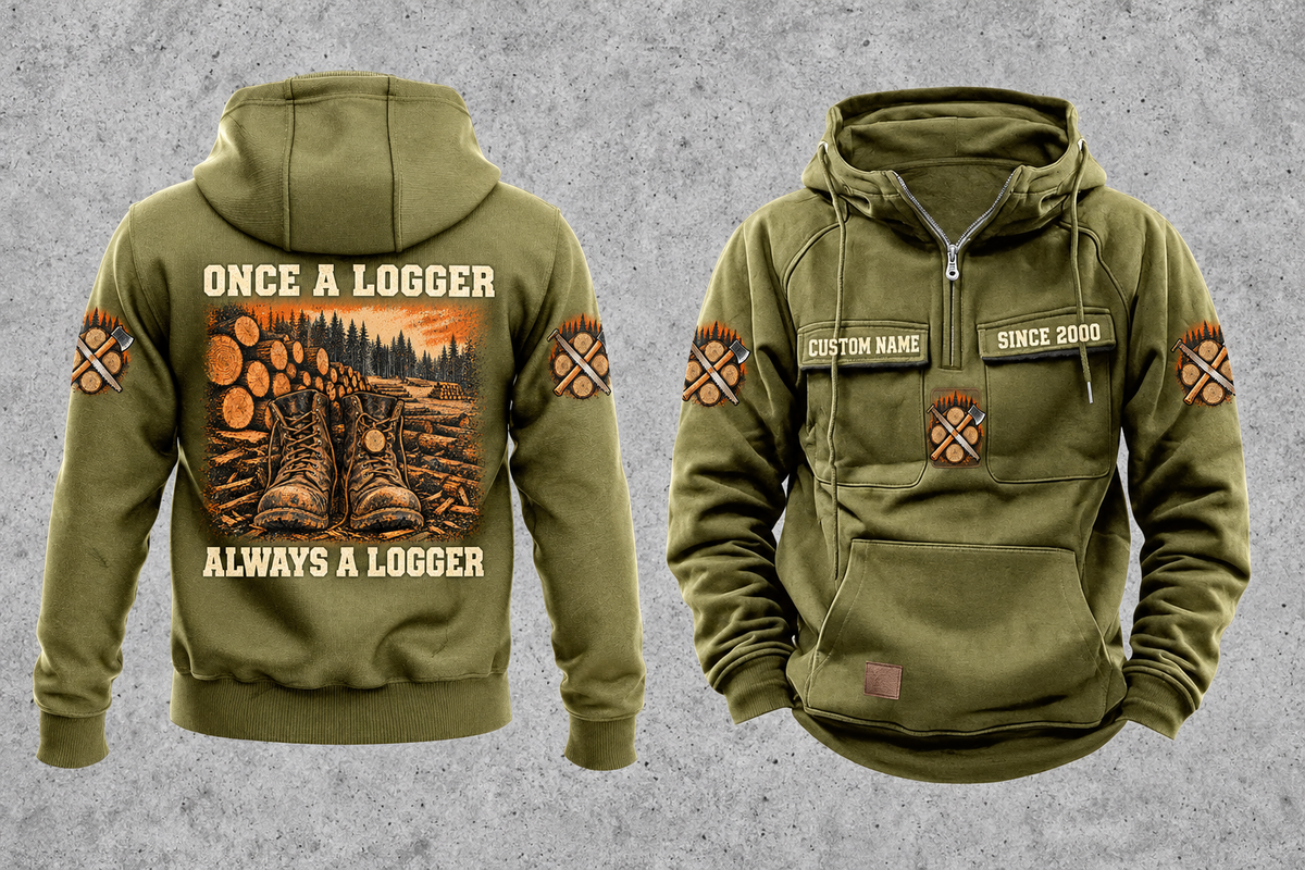 Logger Once and Always Vintage Hoodie in Military Green, complete separated front and back views with CUSTOM NAME and SINCE 2000 chest samples, boots and cut-timber back artwork, and plain lower pouch with small brown label.