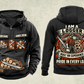 Logger Heritage Crest Vintage Hoodie in Black, complete front and back views with sample text CUSTOM NAME and SINCE 2000, cut-timber chest and lower-panel graphics, and ornate logger portrait back crest.