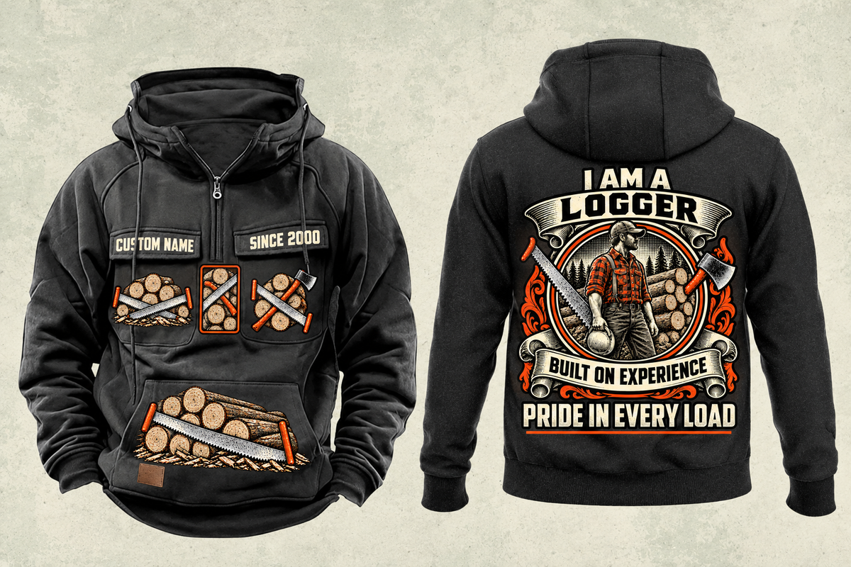Logger Heritage Crest Vintage Hoodie in Black, complete front and back views with sample text CUSTOM NAME and SINCE 2000, cut-timber chest and lower-panel graphics, and ornate logger portrait back crest.