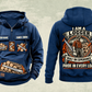Logger Heritage Crest Vintage Hoodie in Dark Blue, complete front and back views with sample text CUSTOM NAME and SINCE 2000, cut-timber chest and lower-panel graphics, and ornate logger portrait back crest.