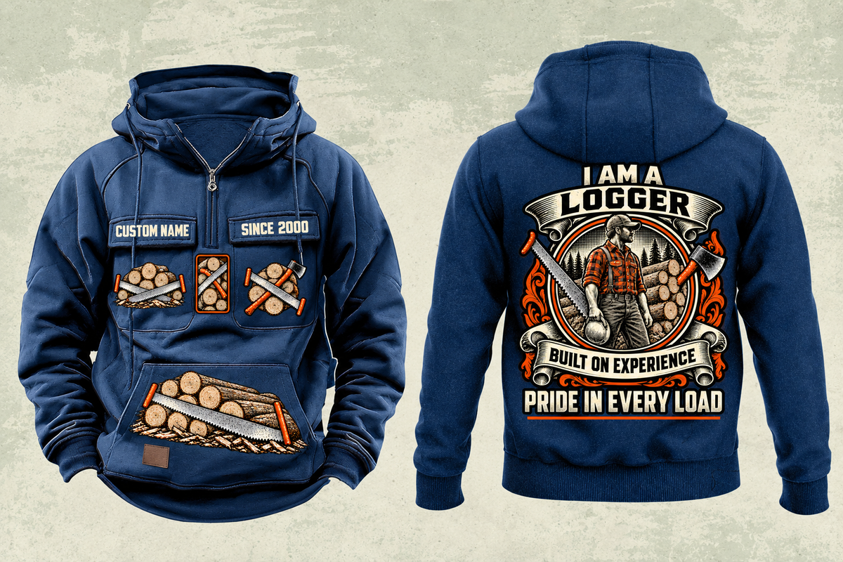 Logger Heritage Crest Vintage Hoodie in Dark Blue, complete front and back views with sample text CUSTOM NAME and SINCE 2000, cut-timber chest and lower-panel graphics, and ornate logger portrait back crest.