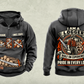 Logger Heritage Crest Vintage Hoodie in Dark Gray, complete front and back views with sample text CUSTOM NAME and SINCE 2000, cut-timber chest and lower-panel graphics, and ornate logger portrait back crest.