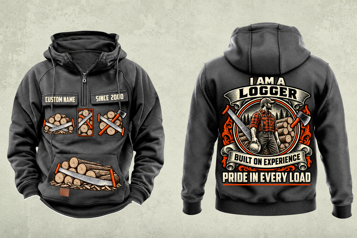 Logger Heritage Crest Vintage Hoodie in Dark Gray, complete front and back views with sample text CUSTOM NAME and SINCE 2000, cut-timber chest and lower-panel graphics, and ornate logger portrait back crest.