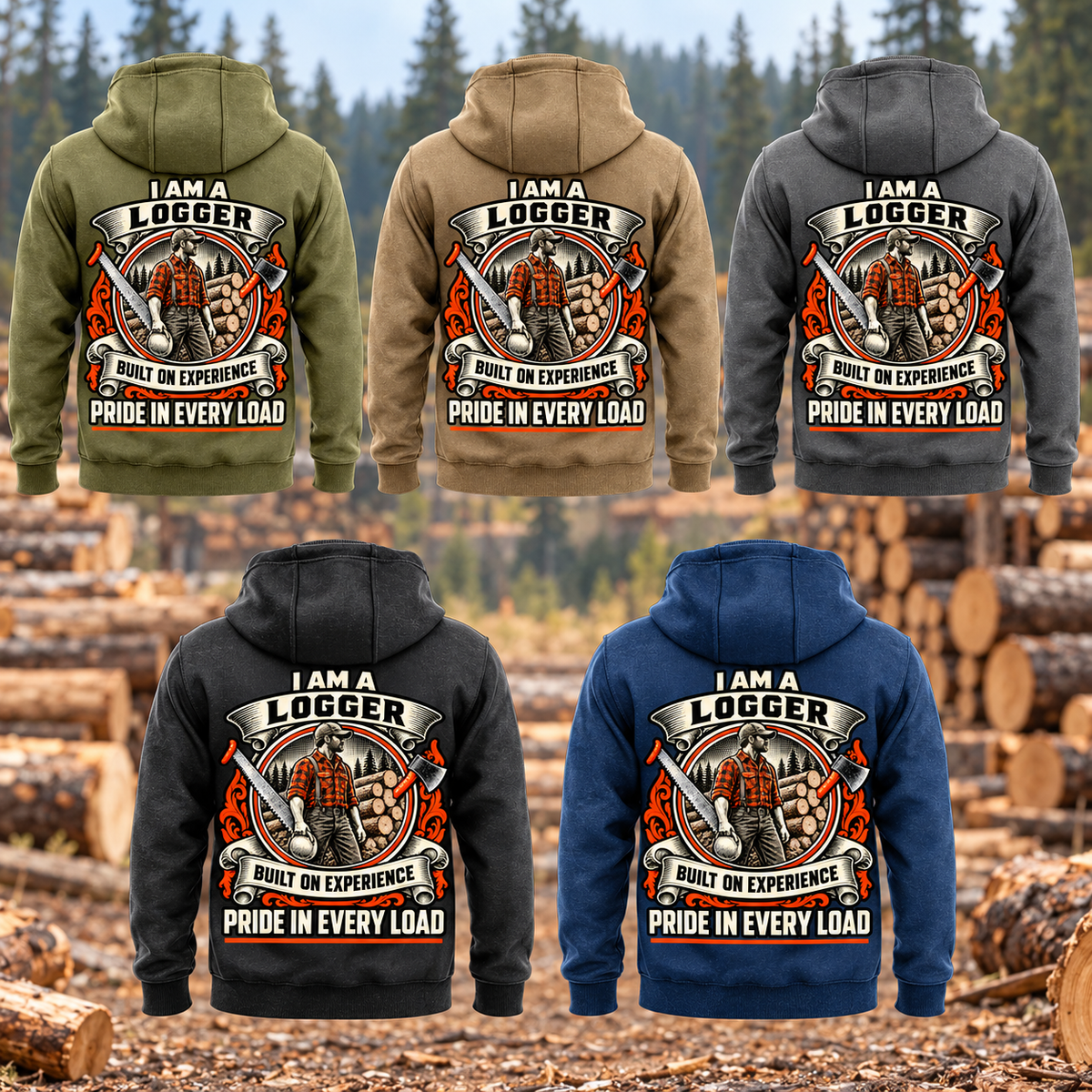 Logger Heritage Crest Vintage Hoodie in all five colors: Military Green, Kaki, Dark Gray, Black and Dark Blue. Five complete back views display matching logger portrait crests in a quiet forest landing with stacked cut timber.