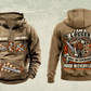 Logger Heritage Crest Vintage Hoodie in Kaki, complete front and back views with sample text CUSTOM NAME and SINCE 2000, cut-timber chest and lower-panel graphics, and ornate logger portrait back crest.
