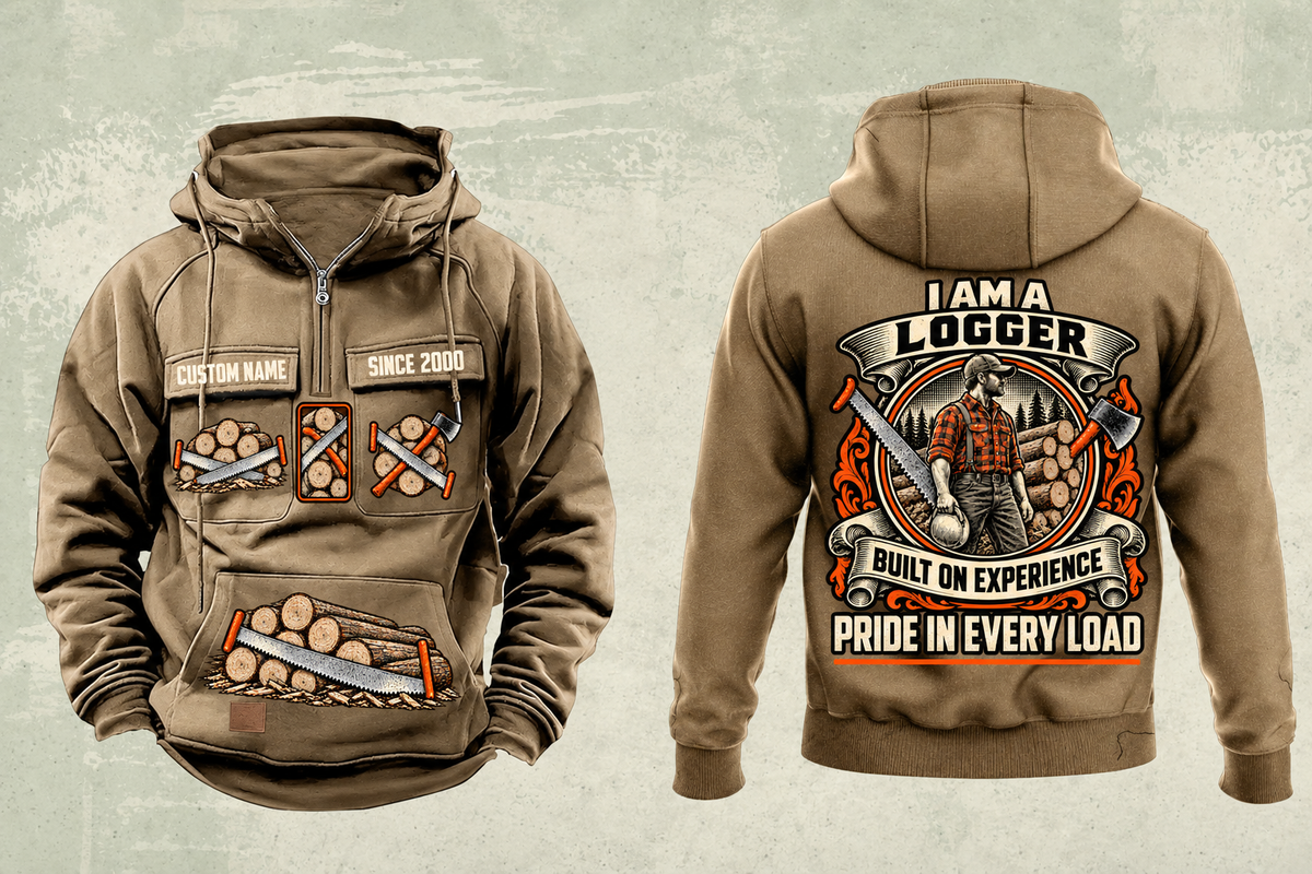 Logger Heritage Crest Vintage Hoodie in Kaki, complete front and back views with sample text CUSTOM NAME and SINCE 2000, cut-timber chest and lower-panel graphics, and ornate logger portrait back crest.
