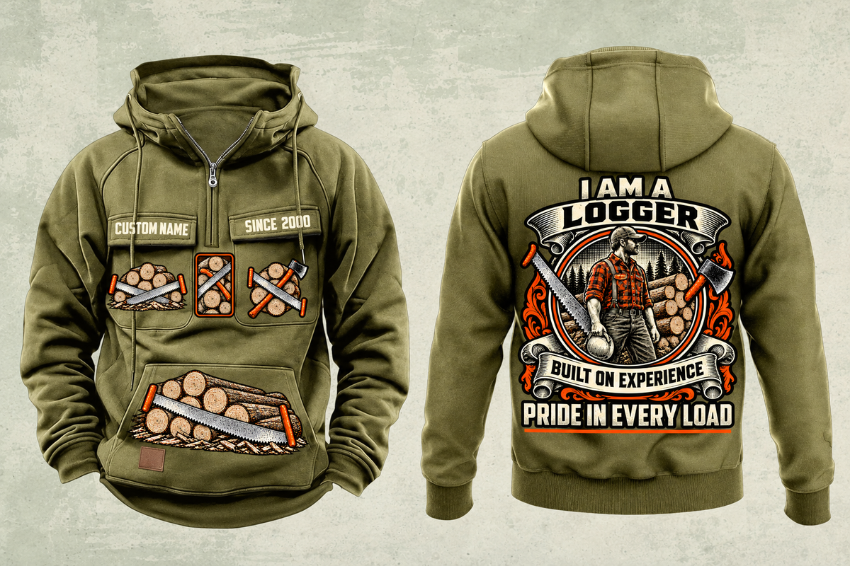 Logger Heritage Crest Vintage Hoodie in Military Green, complete front and back views with sample text CUSTOM NAME and SINCE 2000, cut-timber chest and lower-panel graphics, and ornate logger portrait back crest.