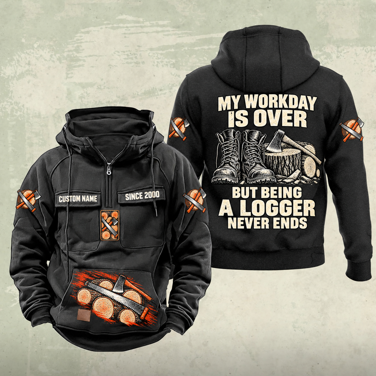 Logger Never Ends Vintage Hoodie in Black, front and back views with CUSTOM NAME and SINCE 2000 chest samples, cut-timber and crosscut-saw front artwork, and boots-and-axe Logger back graphic.