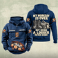 Logger Never Ends Vintage Hoodie in Dark Blue, front and back views with CUSTOM NAME and SINCE 2000 chest samples, cut-timber and crosscut-saw front artwork, and boots-and-axe Logger back graphic.