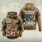 Logger Never Ends Vintage Hoodie in Kaki, front and back views with CUSTOM NAME and SINCE 2000 chest samples, cut-timber and crosscut-saw front artwork, and boots-and-axe Logger back graphic.