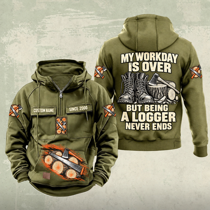 Logger Never Ends Vintage Hoodie in Military Green, front and back views with CUSTOM NAME and SINCE 2000 chest samples, cut-timber and crosscut-saw front artwork, and boots-and-axe Logger back graphic.